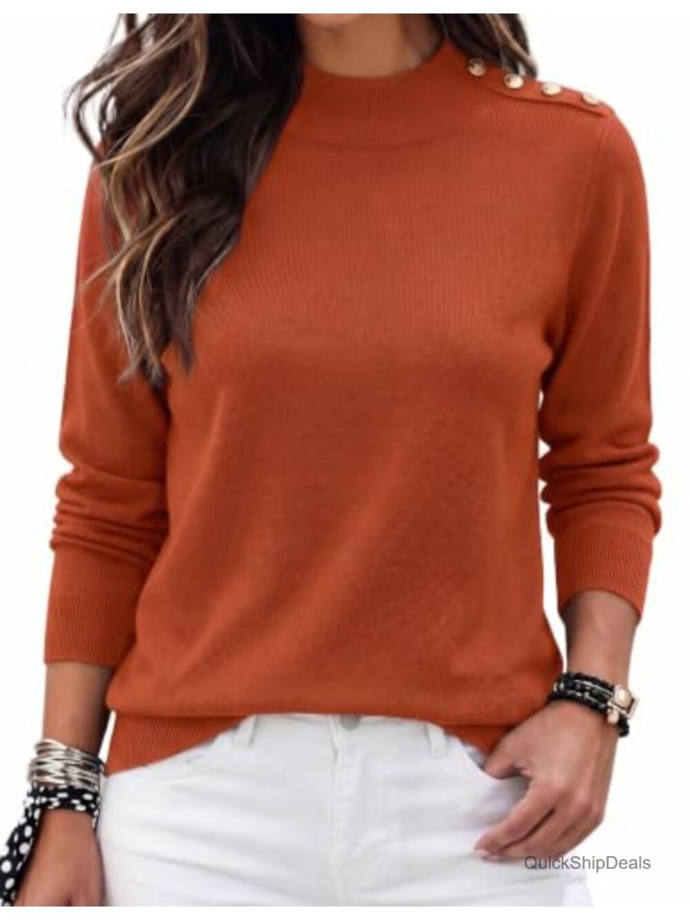 Women's Turtleneck Sweater Long Sleeve Mock Neck Pullover with Button Detail